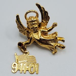 Vintage 9-11 Angel brooch tie tac pin red ruby stone gold Remember 9-11-01 gift